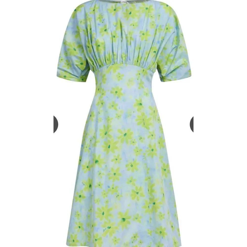 Marni Parade Popeline gathered floral-print cotton dress in Aquamarine NWT Size
